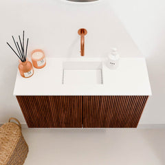 JOYA 70cm toiletmeubel kleur Ruby. Wastafel FAYE positie Midden Zonder kraangat kleur Talc.