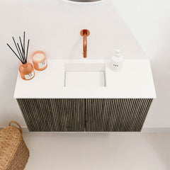 JOYA 70cm toiletmeubel kleur Shadow. Wastafel FAYE positie Midden Zonder kraangat kleur Talc.