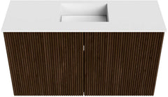 JOYA 70cm toiletmeubel kleur Walnut. Wastafel FAYE positie Midden Zonder kraangat kleur Talc.