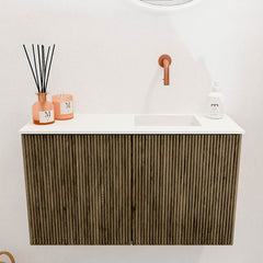 JOYA 70cm toiletmeubel kleur Dusk. Wastafel FAYE positie Rechts Zonder kraangat kleur Talc.