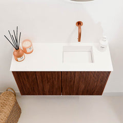 JOYA 70cm toiletmeubel kleur Ruby. Wastafel FAYE positie Rechts Zonder kraangat kleur Talc.