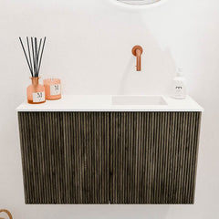 JOYA 70cm toiletmeubel kleur Shadow. Wastafel FAYE positie Rechts Zonder kraangat kleur Talc.