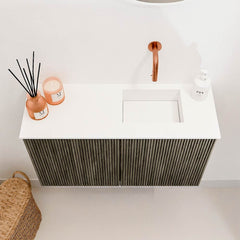 JOYA 70cm toiletmeubel kleur Shadow. Wastafel FAYE positie Rechts Zonder kraangat kleur Talc.