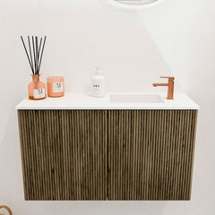 JOYA 70cm toiletmeubel kleur Dusk. Wastafel FAYE positie Rechts 1 kraangat kleur Talc.