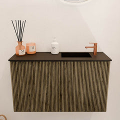 JOYA 70cm toiletmeubel kleur Dusk. Wastafel FAYE positie Rechts 1 kraangat kleur Urban.