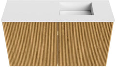 JOYA 70cm toiletmeubel kleur Oak. Wastafel FAYE positie Rechts 1 kraangat kleur Talc.