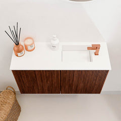 JOYA 70cm toiletmeubel kleur Ruby. Wastafel FAYE positie Rechts 1 kraangat kleur Talc.