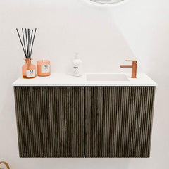 JOYA 70cm toiletmeubel kleur Shadow. Wastafel FAYE positie Rechts 1 kraangat kleur Talc.