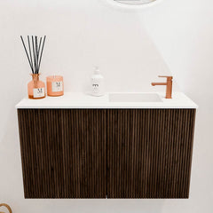 JOYA 70cm toiletmeubel kleur Walnut. Wastafel FAYE positie Rechts 1 kraangat kleur Talc.