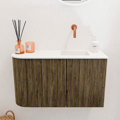 JOYA 71,6cm toiletmeubel ronding links kleur Dusk. Wastafel FAYE positie Rechts Zonder kraangat kleur Talc.