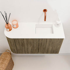 JOYA 71,6cm toiletmeubel ronding links kleur Dusk. Wastafel FAYE positie Rechts Zonder kraangat kleur Talc.