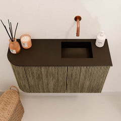 JOYA 71,6cm toiletmeubel ronding links kleur Dusk. Wastafel FAYE positie Rechts Zonder kraangat kleur Urban.