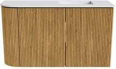 JOYA 71,6cm toiletmeubel ronding links kleur Oak. Wastafel FAYE positie Rechts Zonder kraangat kleur Talc.