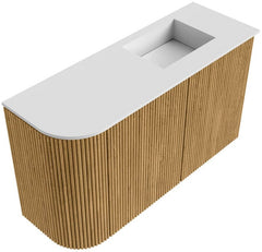 JOYA 71,6cm toiletmeubel ronding links kleur Oak. Wastafel FAYE positie Rechts Zonder kraangat kleur Talc.