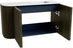 JOYA 71,6cm toiletmeubel ronding links kleur Shadow. Wastafel FAYE positie Rechts Zonder kraangat kleur Talc.