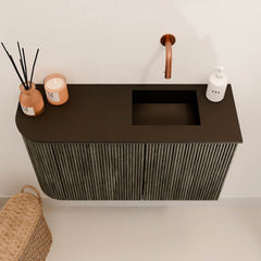 JOYA 71,6cm toiletmeubel ronding links kleur Shadow. Wastafel FAYE positie Rechts Zonder kraangat kleur Urban.