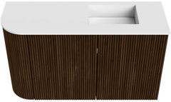 JOYA 71,6cm toiletmeubel ronding links kleur Walnut. Wastafel FAYE positie Rechts Zonder kraangat kleur Talc.