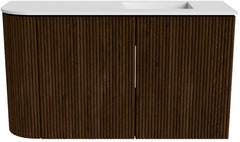 JOYA 71,6cm toiletmeubel ronding links kleur Walnut. Wastafel FAYE positie Rechts Zonder kraangat kleur Talc.