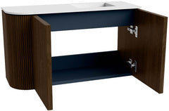 JOYA 71,6cm toiletmeubel ronding links kleur Walnut. Wastafel FAYE positie Rechts Zonder kraangat kleur Talc.