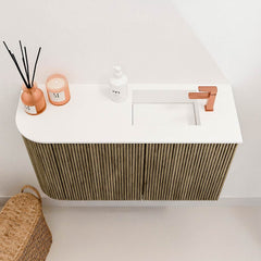 JOYA 71,6cm toiletmeubel ronding links kleur Dusk. Wastafel FAYE positie Rechts 1 kraangat kleur Talc.