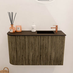 JOYA 71,6cm toiletmeubel ronding links kleur Dusk. Wastafel FAYE positie Rechts 1 kraangat kleur Urban.