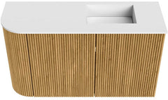 JOYA 71,6cm toiletmeubel ronding links kleur Oak. Wastafel FAYE positie Rechts 1 kraangat kleur Talc.