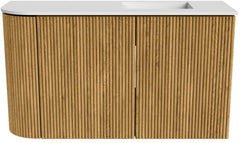 JOYA 71,6cm toiletmeubel ronding links kleur Oak. Wastafel FAYE positie Rechts 1 kraangat kleur Talc.