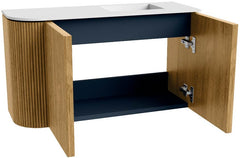 JOYA 71,6cm toiletmeubel ronding links kleur Oak. Wastafel FAYE positie Rechts 1 kraangat kleur Talc.