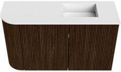 JOYA 71,6cm toiletmeubel ronding links kleur Walnut. Wastafel FAYE positie Rechts 1 kraangat kleur Talc.