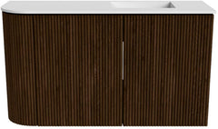 JOYA 71,6cm toiletmeubel ronding links kleur Walnut. Wastafel FAYE positie Rechts 1 kraangat kleur Talc.