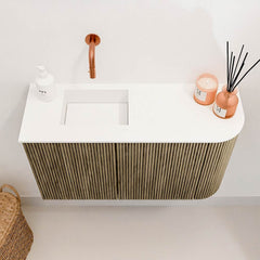 JOYA 71,6cm toiletmeubel ronding rechts kleur Dusk. Wastafel FAYE positie Links Zonder kraangat kleur Talc.