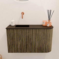 JOYA 71,6cm toiletmeubel ronding rechts kleur Dusk. Wastafel FAYE positie Links Zonder kraangat kleur Urban.