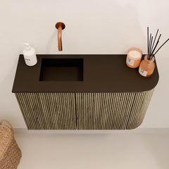 JOYA 71,6cm toiletmeubel ronding rechts kleur Dusk. Wastafel FAYE positie Links Zonder kraangat kleur Urban.