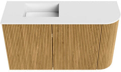 JOYA 71,6cm toiletmeubel ronding rechts kleur Oak. Wastafel FAYE positie Links Zonder kraangat kleur Talc.