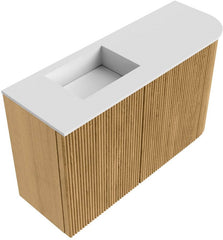 JOYA 71,6cm toiletmeubel ronding rechts kleur Oak. Wastafel FAYE positie Links Zonder kraangat kleur Talc.