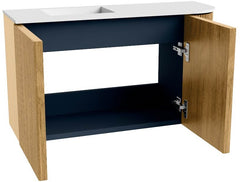 JOYA 71,6cm toiletmeubel ronding rechts kleur Oak. Wastafel FAYE positie Links Zonder kraangat kleur Talc.