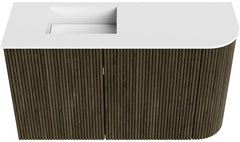 JOYA 71,6cm toiletmeubel ronding rechts kleur Shadow. Wastafel FAYE positie Links Zonder kraangat kleur Talc.