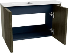 JOYA 71,6cm toiletmeubel ronding rechts kleur Shadow. Wastafel FAYE positie Links Zonder kraangat kleur Talc.