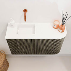 JOYA 71,6cm toiletmeubel ronding rechts kleur Shadow. Wastafel FAYE positie Links Zonder kraangat kleur Talc.