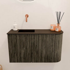 JOYA 71,6cm toiletmeubel ronding rechts kleur Shadow. Wastafel FAYE positie Links Zonder kraangat kleur Urban.