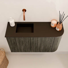 JOYA 71,6cm toiletmeubel ronding rechts kleur Shadow. Wastafel FAYE positie Links Zonder kraangat kleur Urban.