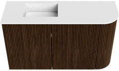 JOYA 71,6cm toiletmeubel ronding rechts kleur Walnut. Wastafel FAYE positie Links Zonder kraangat kleur Talc.