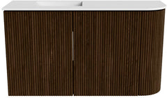 JOYA 71,6cm toiletmeubel ronding rechts kleur Walnut. Wastafel FAYE positie Links Zonder kraangat kleur Talc.