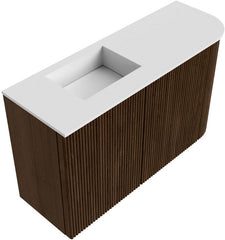 JOYA 71,6cm toiletmeubel ronding rechts kleur Walnut. Wastafel FAYE positie Links Zonder kraangat kleur Talc.