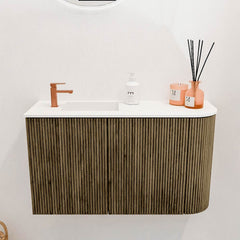 JOYA 71,6cm toiletmeubel ronding rechts kleur Dusk. Wastafel FAYE positie Links 1 kraangat kleur Talc.