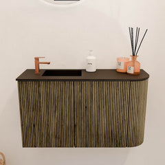 JOYA 71,6cm toiletmeubel ronding rechts kleur Dusk. Wastafel FAYE positie Links 1 kraangat kleur Urban.