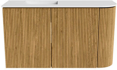 JOYA 71,6cm toiletmeubel ronding rechts kleur Oak. Wastafel FAYE positie Links 1 kraangat kleur Talc.