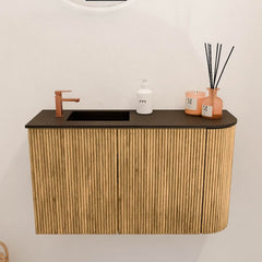 JOYA 71,6cm toiletmeubel ronding rechts kleur Oak. Wastafel FAYE positie Links 1 kraangat kleur Urban.