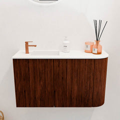 JOYA 71,6cm toiletmeubel ronding rechts kleur Ruby. Wastafel FAYE positie Links 1 kraangat kleur Talc.