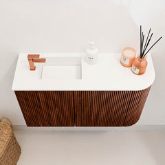 JOYA 71,6cm toiletmeubel ronding rechts kleur Ruby. Wastafel FAYE positie Links 1 kraangat kleur Talc.